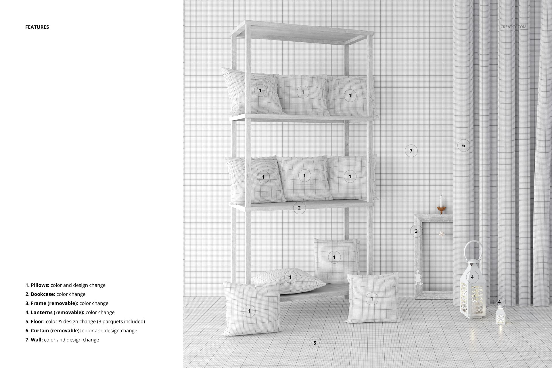 Front view of square pillows with a grid pattern arranged on white shelves and floor in a minimalist room mockup.