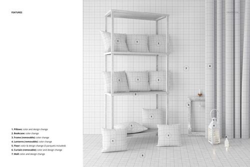 Front view of square pillows with a grid pattern arranged on white shelves and floor in a minimalist room mockup.