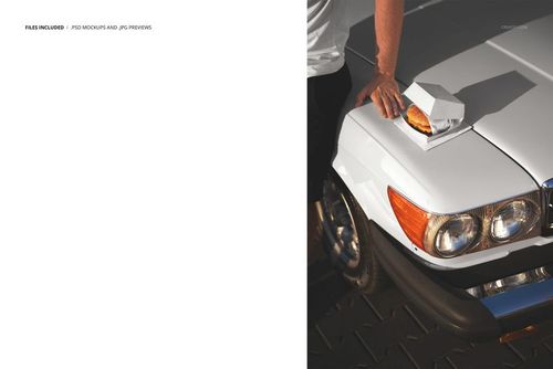 PSD mockup showing a burger in a white packaging box set on the hood of a classic white car, sunlight casting shadows.