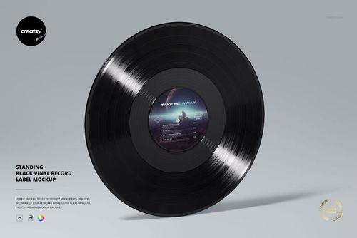 Standing black vinyl record mockup featuring a glossy finish and detailed label, viewed from above on a plain background.
