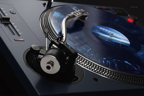 Detailed shot of a vinyl record mockup featuring blue and black effects on a professional DJ turntable setup.