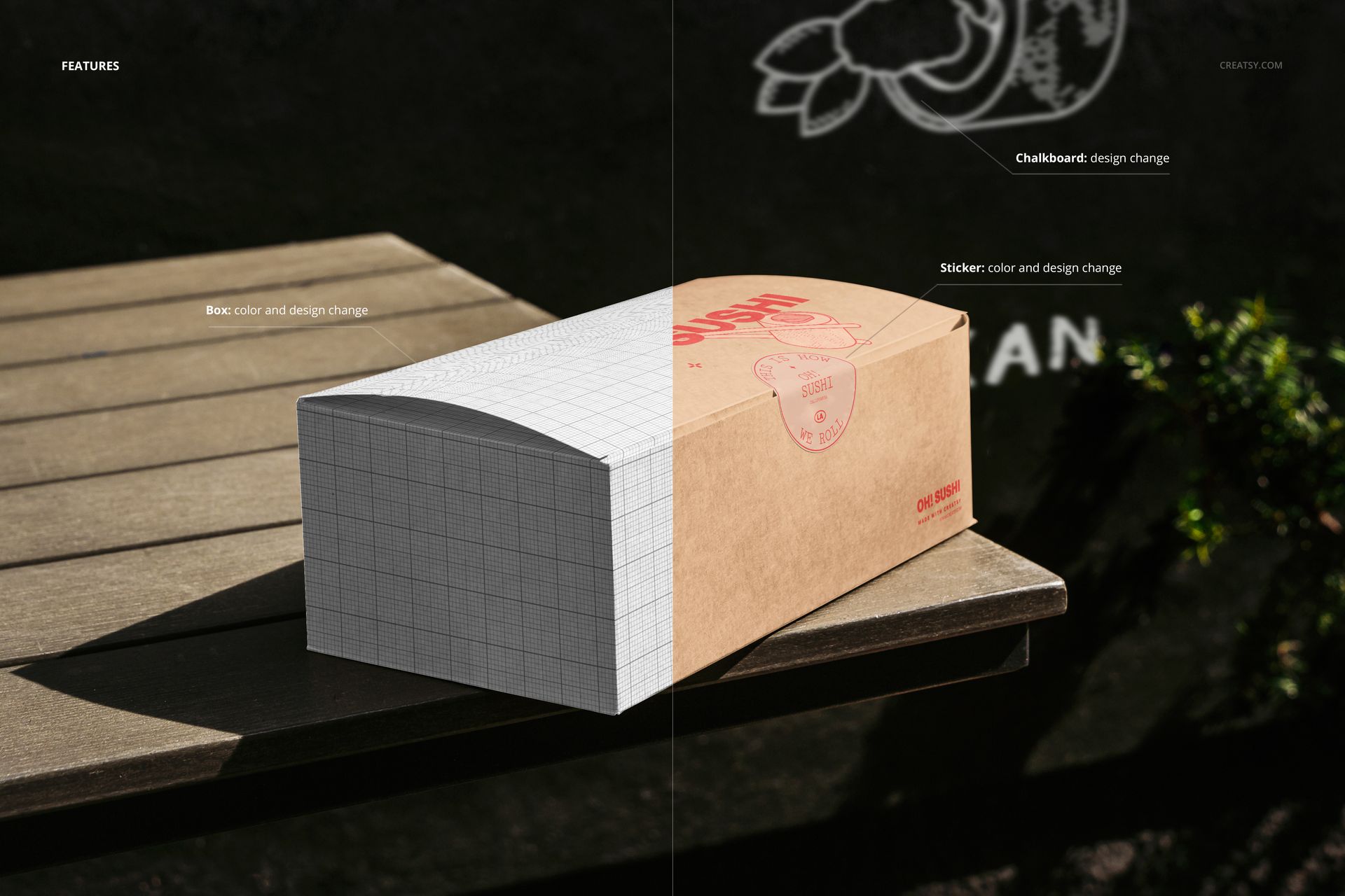 Rectangular takeaway box mockup on a wooden outdoor table, half with grid pattern and half with kraft brown color.