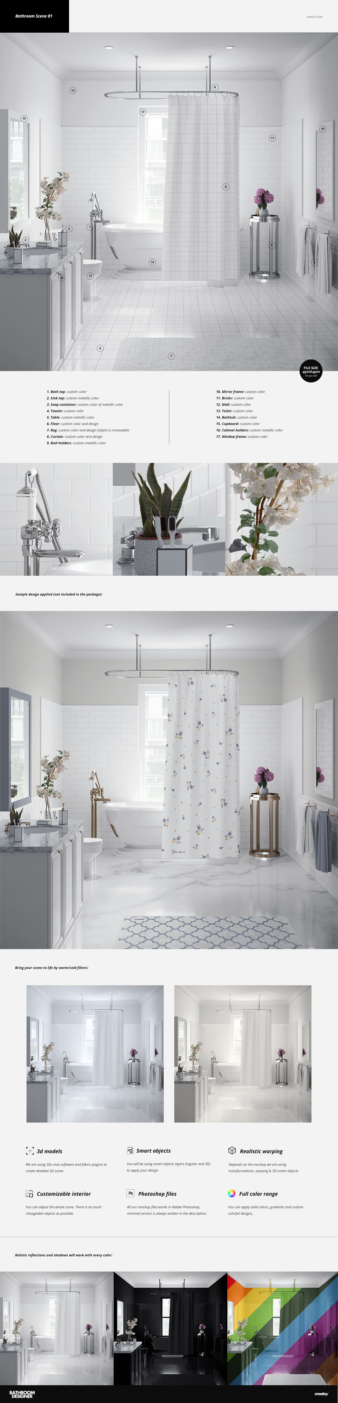 Bathroom mockup bundle featuring a bright, modern bathroom with a shower curtain, sink, and decorative plants.