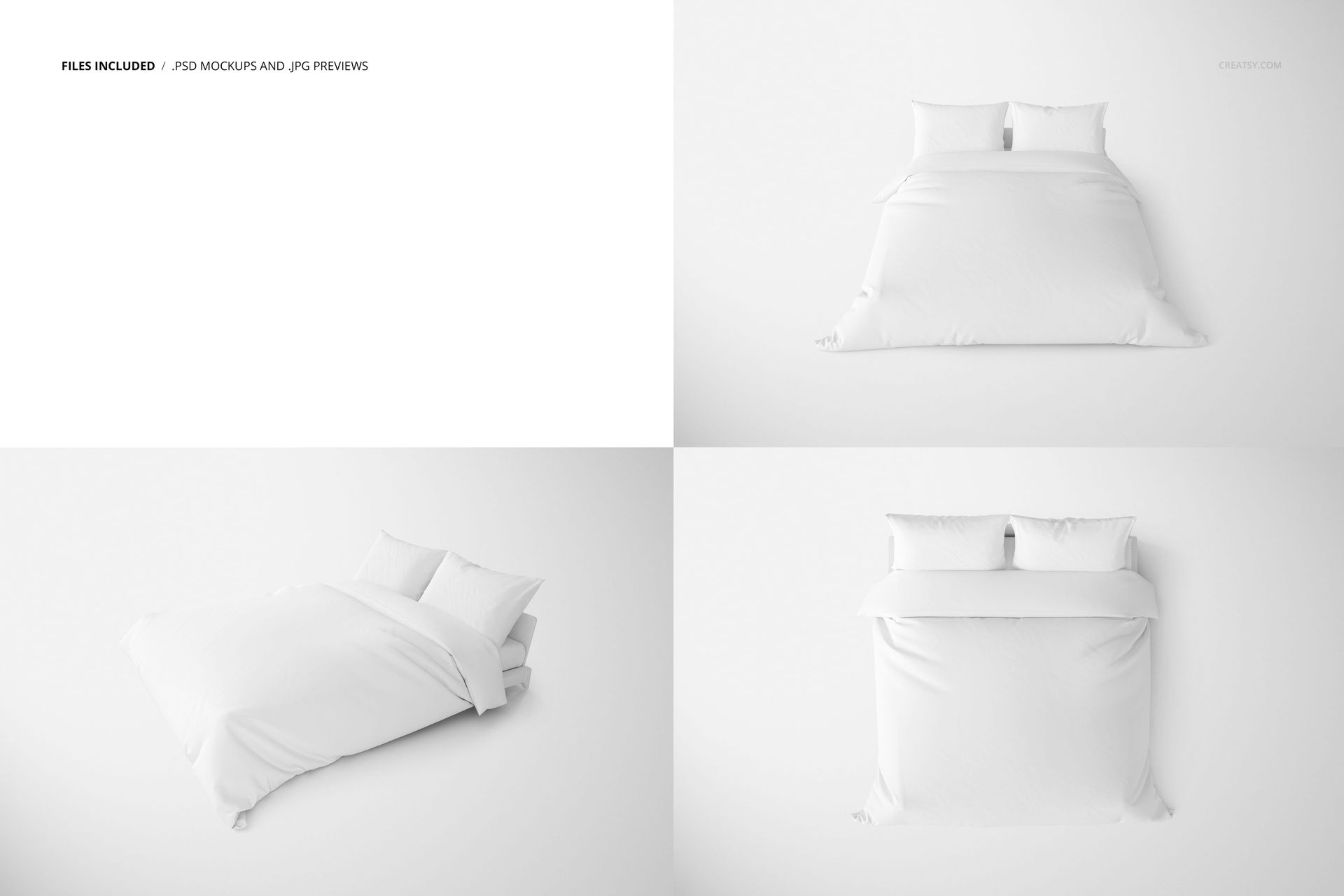 White bedding set with duvet cover and two pillows shown in three mockup views on a plain background.