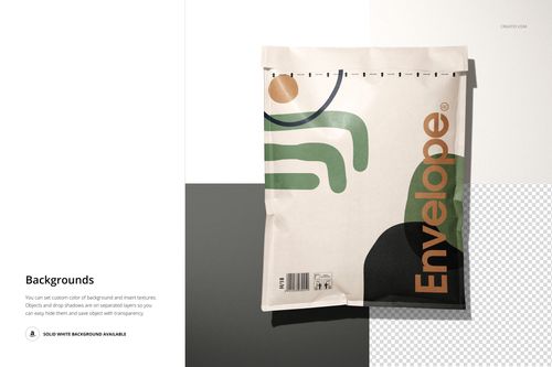 Kraft bubble mailer PSD mockup featuring a modern abstract pattern, displayed on a divided neutral backdrop.