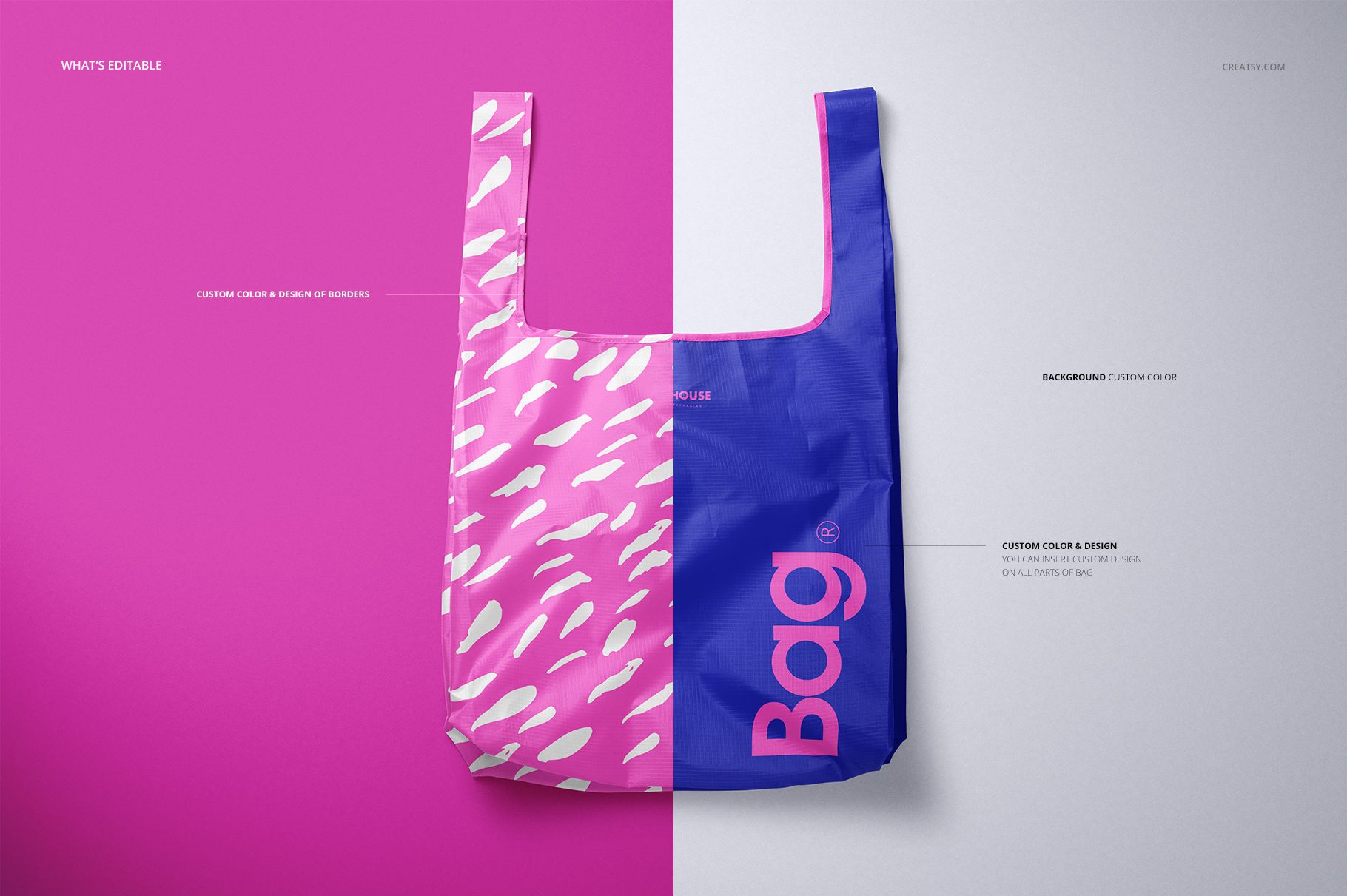 Reusable ripstop bag mockup shown from the front, split into pink with white brush pattern and blue with bold text design.