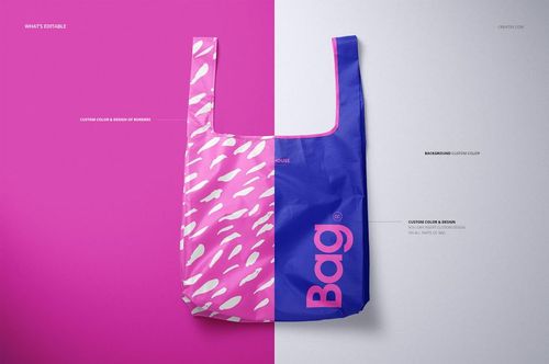 Reusable ripstop bag mockup shown from the front, split into pink with white brush pattern and blue with bold text design.