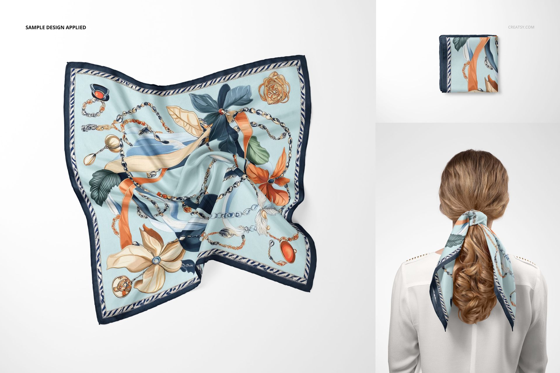 Silk scarf mockup featuring a square scarf with floral and chain patterns in blue, orange, and cream tones, front view.