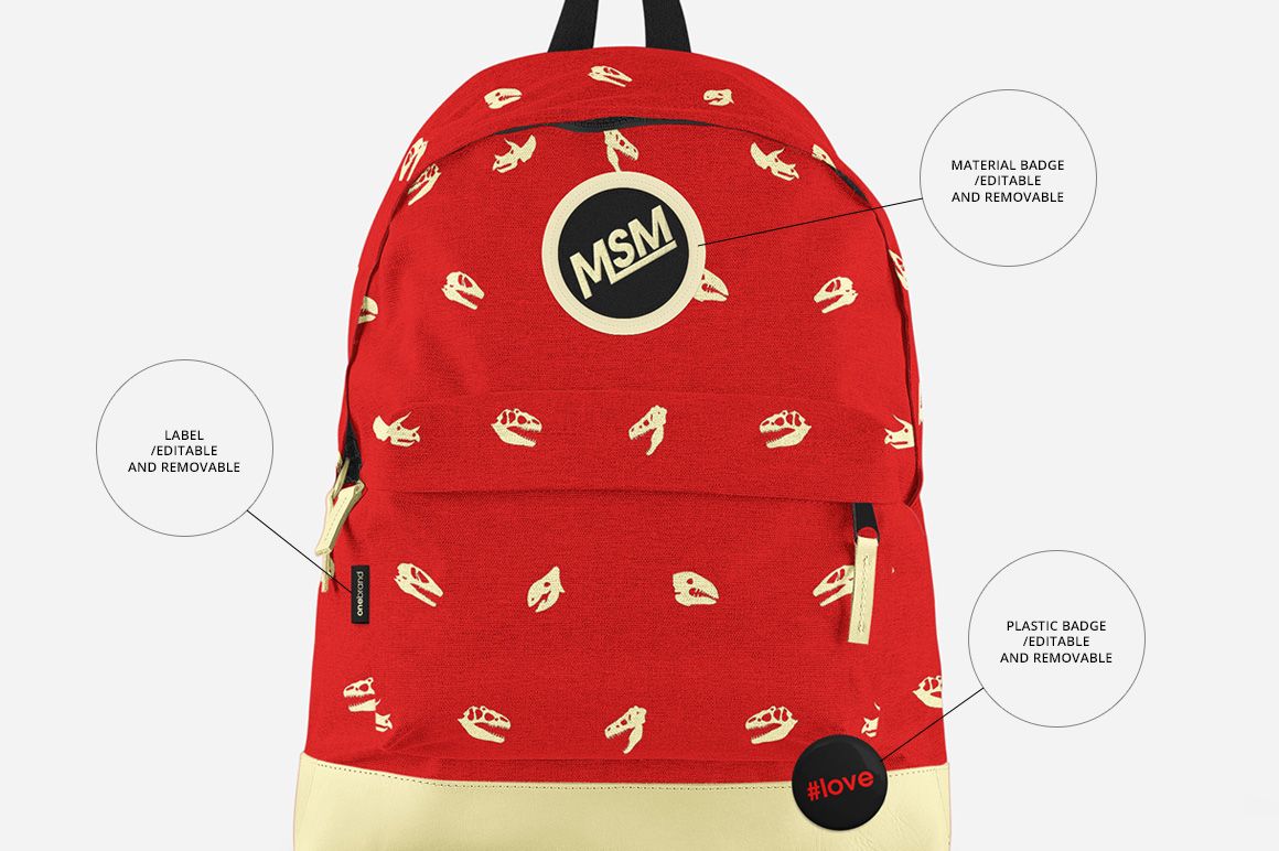 Front view of a red and beige backpack mockup with a repeating white pattern and editable badges and labels.