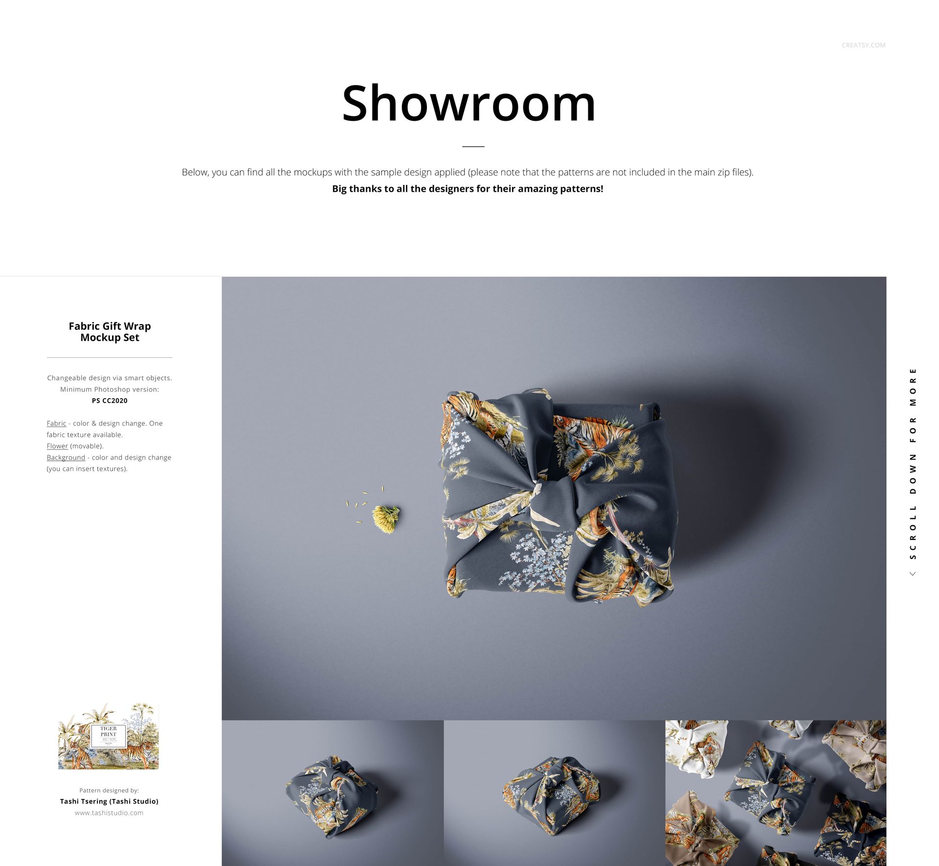 Top view of a fabric gift wrap mockup with a floral pattern on gray fabric, displayed on a neutral background.