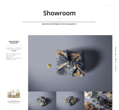 Top view of a fabric gift wrap mockup with a floral pattern on gray fabric, displayed on a neutral background.