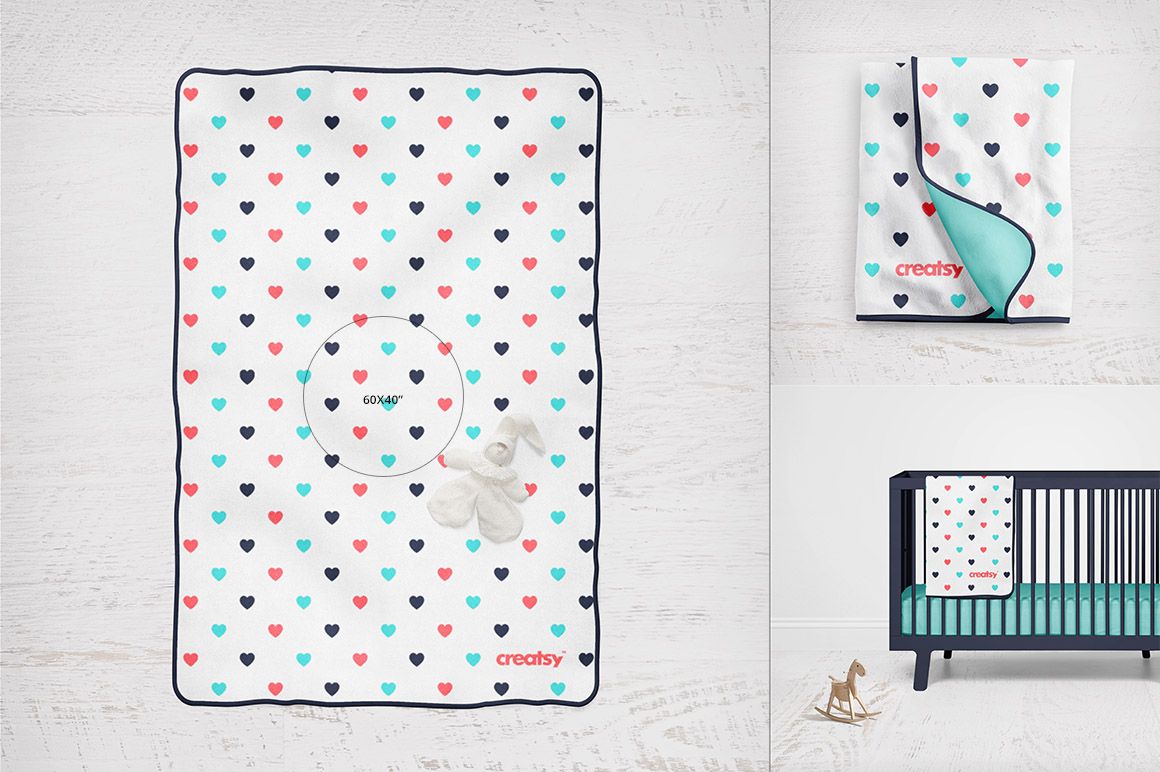 Mockup of a baby fleece blanket featuring small blue, red, and teal hearts, displayed flat and folded.