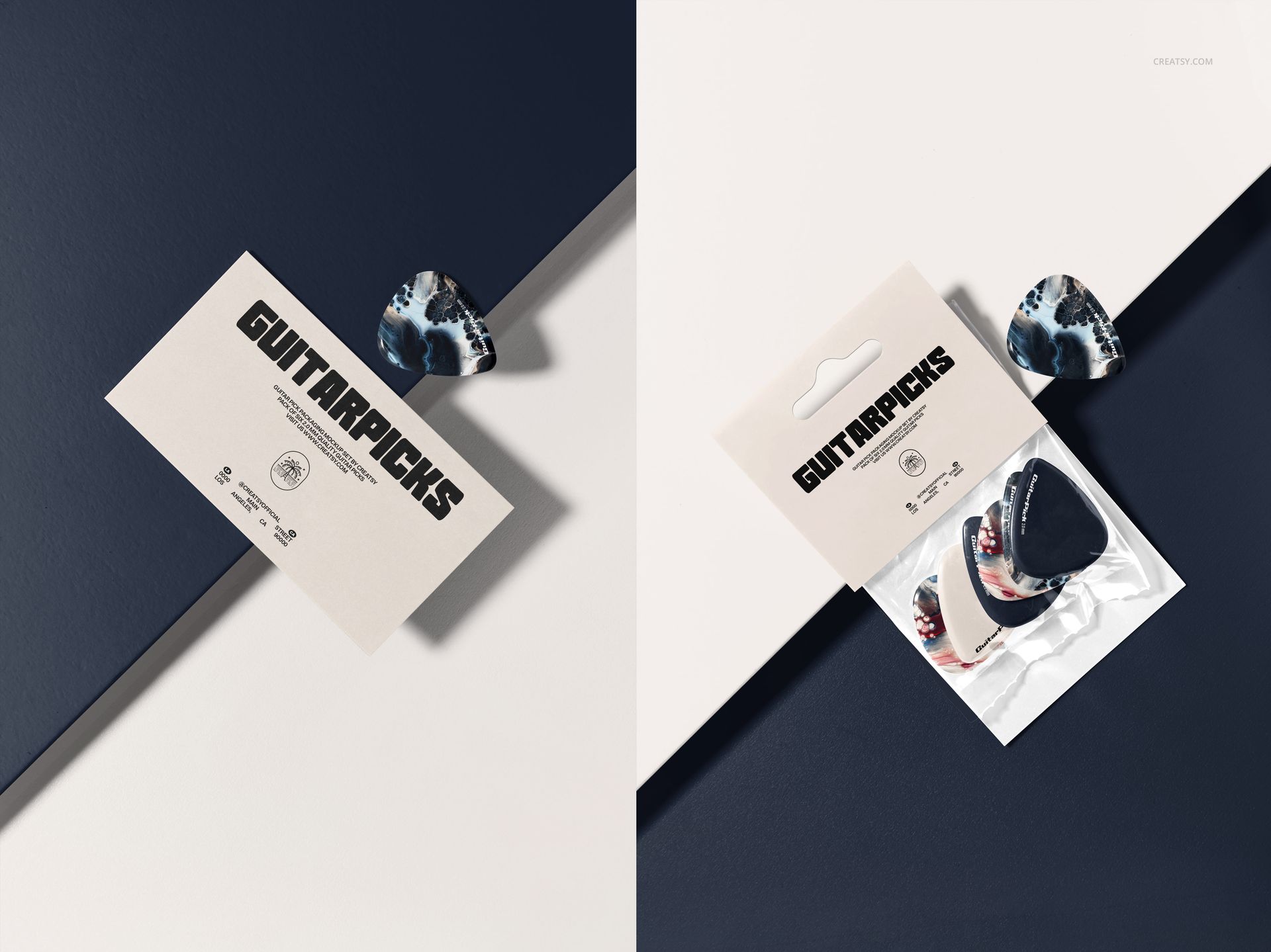 Guitar pick packaging mockup set showing a close-up of a card and plastic pouch with picks on split dark and light backgrounds.