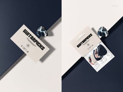 Guitar pick packaging mockup set showing a close-up of a card and plastic pouch with picks on split dark and light backgrounds.