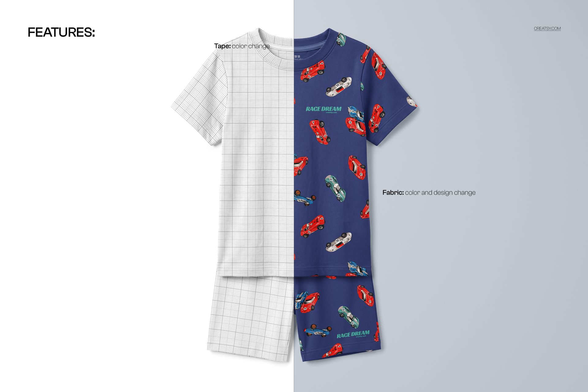Front view of kids short pyjamas mockup, split to show a grid pattern on one side and a blue fabric with colorful cars on the other.