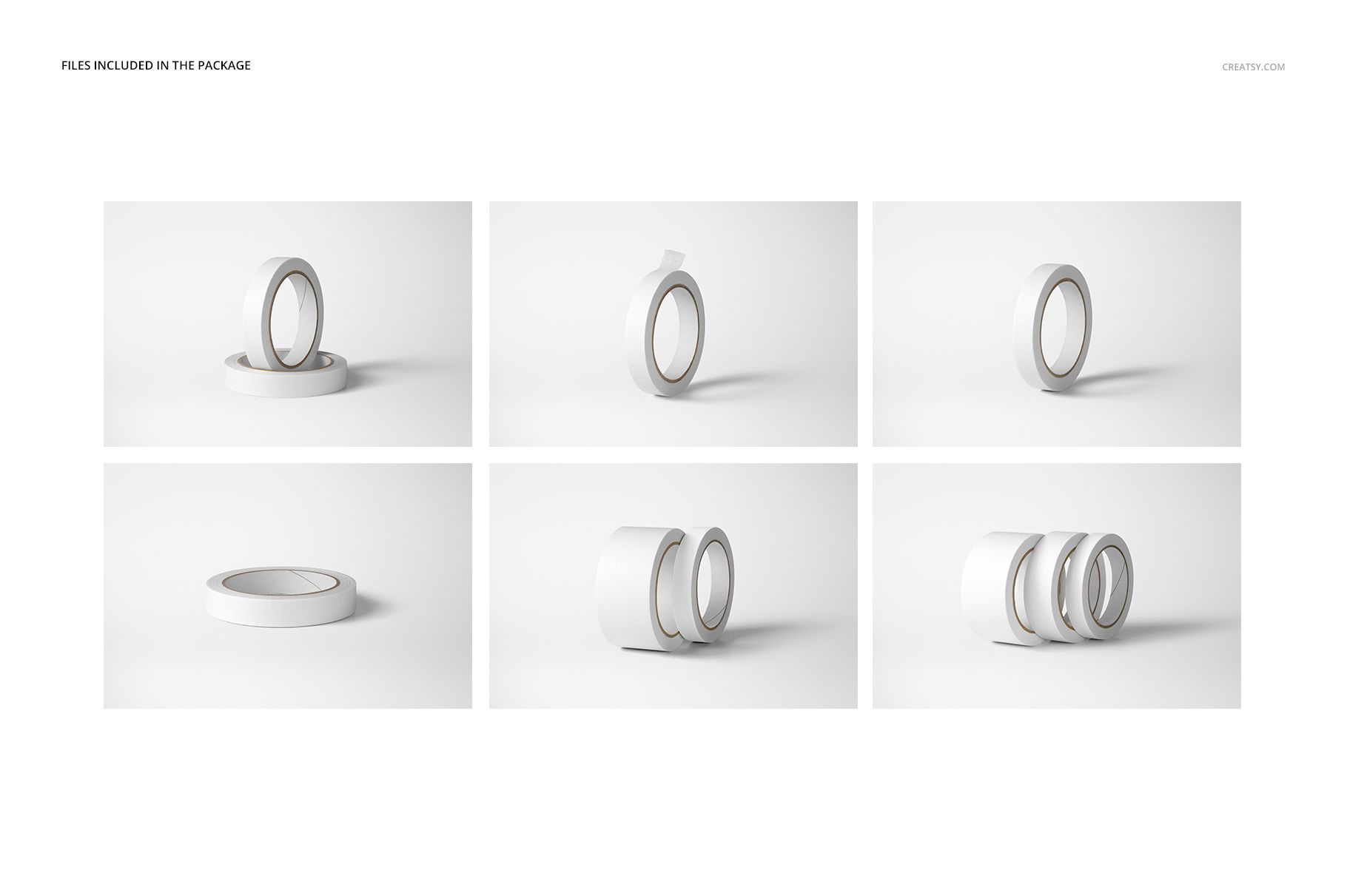 Set of six packing tape mockups featuring white rolls arranged in multiple orientations on a clean white surface.