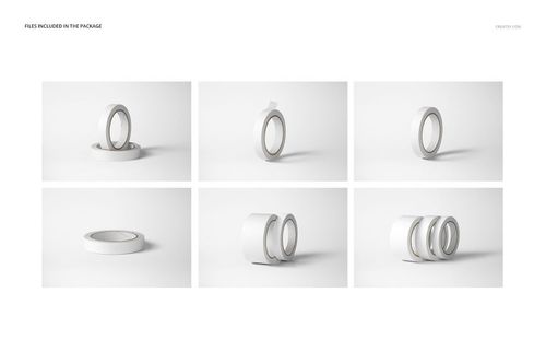 Set of six packing tape mockups featuring white rolls arranged in multiple orientations on a clean white surface.