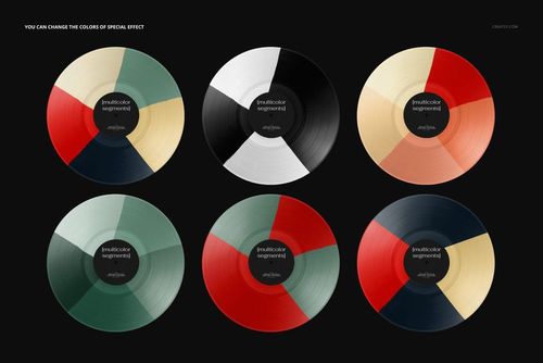 PSD mockup showing six vinyl records with segmented color effects, arranged neatly on a black backdrop with covers.