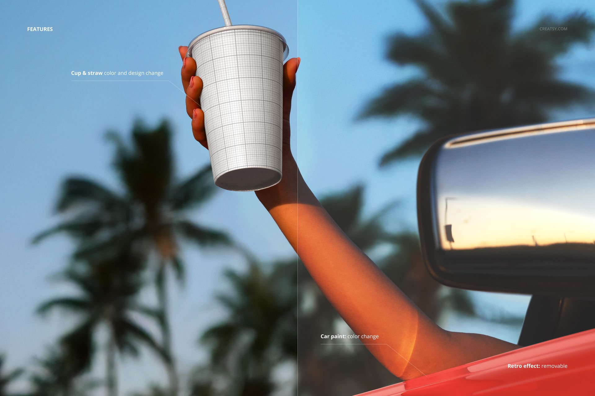 Mockup of a paper cup with grid pattern and straw held by a person outside a car, tropical scene with palm trees.