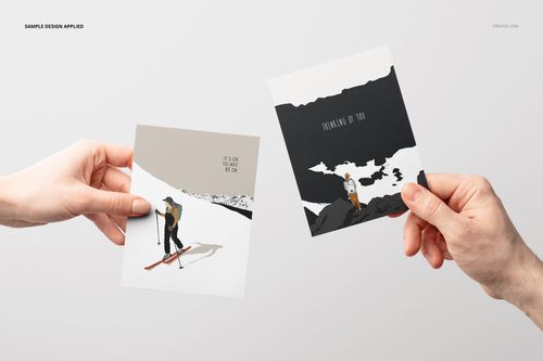 Front view of two A2 cards mockup, each held by a hand, featuring minimalist outdoor-themed illustrations.