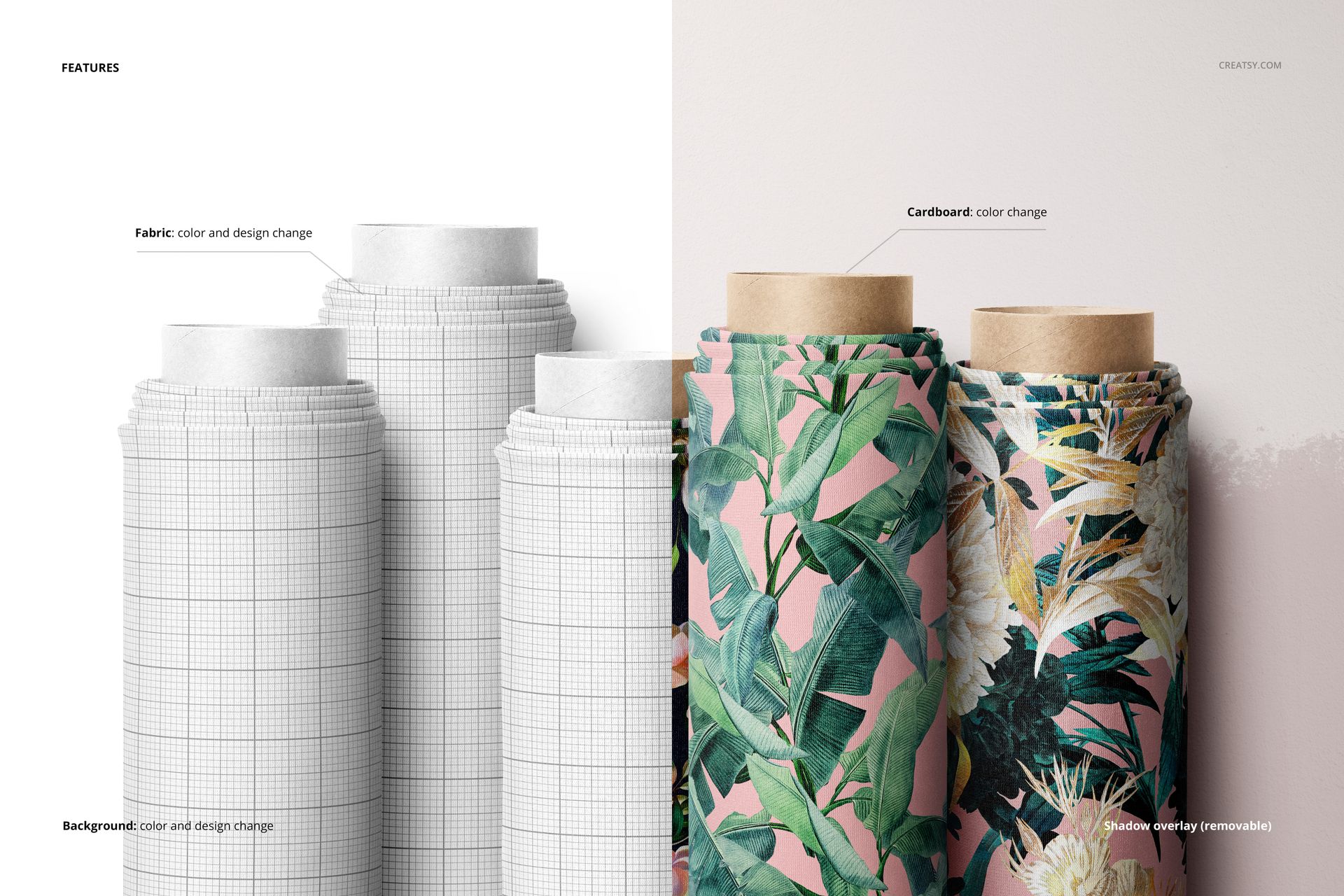 Five textile rolls mockup with two distinct patterns, including geometric grids and green foliage, displayed side by side.