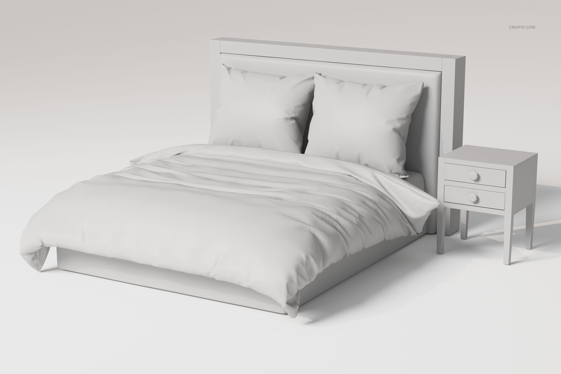 Front view of a continental bed with two pillows and a comforter, next to a two-drawer nightstand in a minimalist white setting.