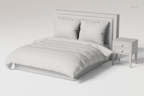 Front view of a continental bed with two pillows and a comforter, next to a two-drawer nightstand in a minimalist white setting.