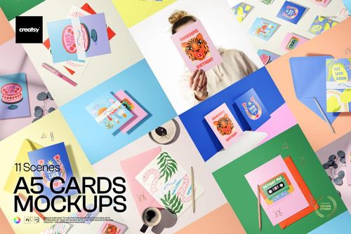 A5 cards mockup set showing various colorful greeting cards and envelopes on pastel backgrounds with stationery props.