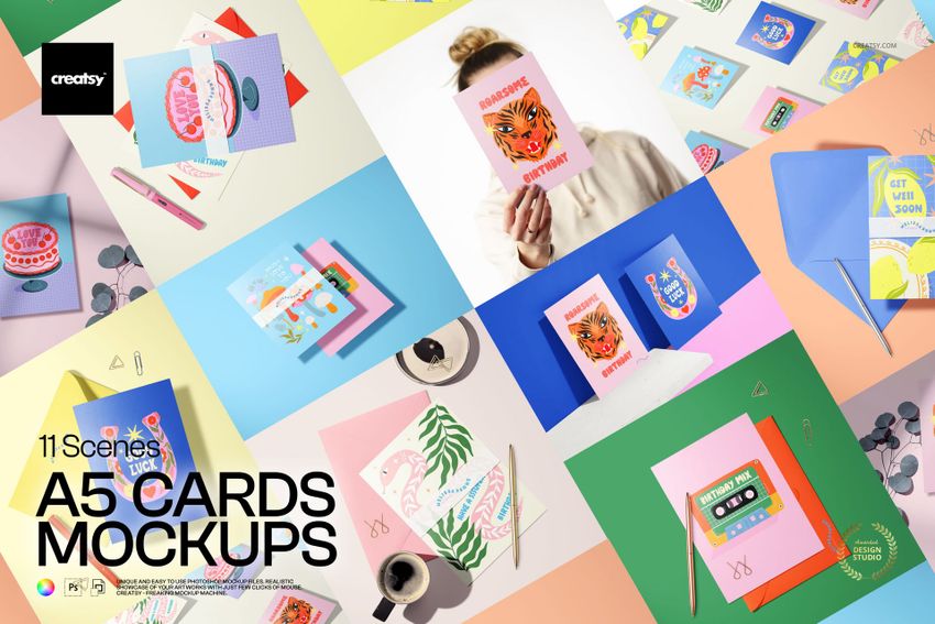 A5 cards mockup set showing various colorful greeting cards and envelopes on pastel backgrounds with stationery props.