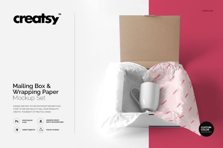 Top view of a mailing box mockup with custom color wrapping paper and a white mug inside on a neutral background.