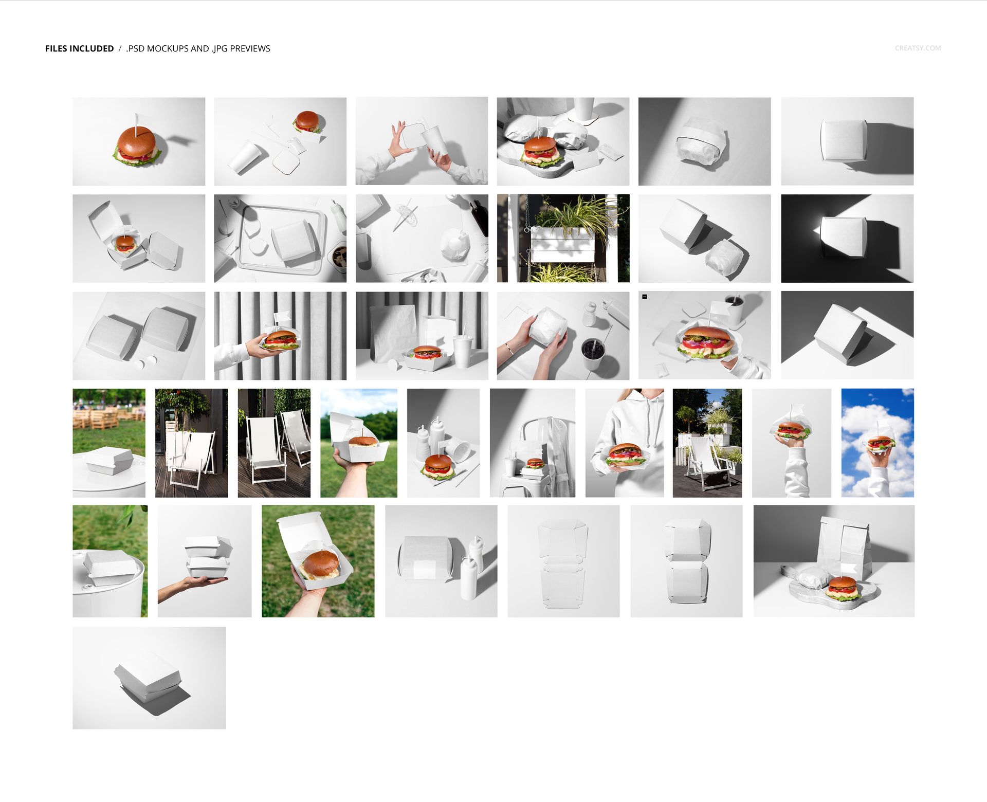 Grid of vegan burger bar packaging mockups, featuring burger boxes, paper wraps, and takeaway containers in various scenes.