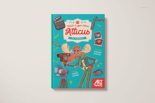 Front view of a hardcover book mockup with a bright turquoise cover and playful cartoon illustrations related to filmmaking.