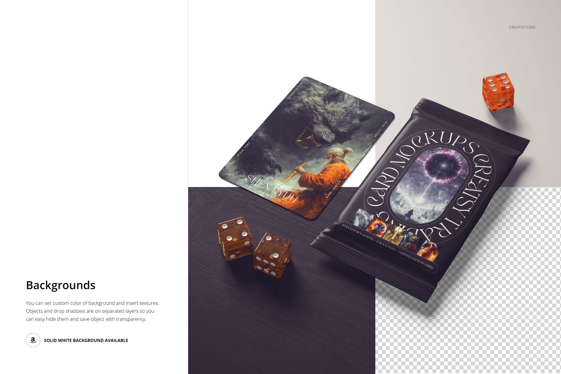 Top view of trading cards mockup set with two illustrated cards, a card pack, and orange dice on a dark surface.