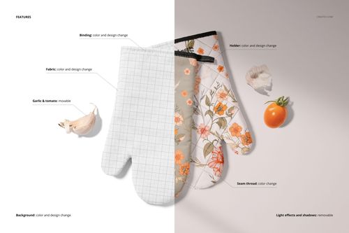 Oven mitt mockup set featuring two mitts, one with a grid pattern and one with a floral design, shown from above.