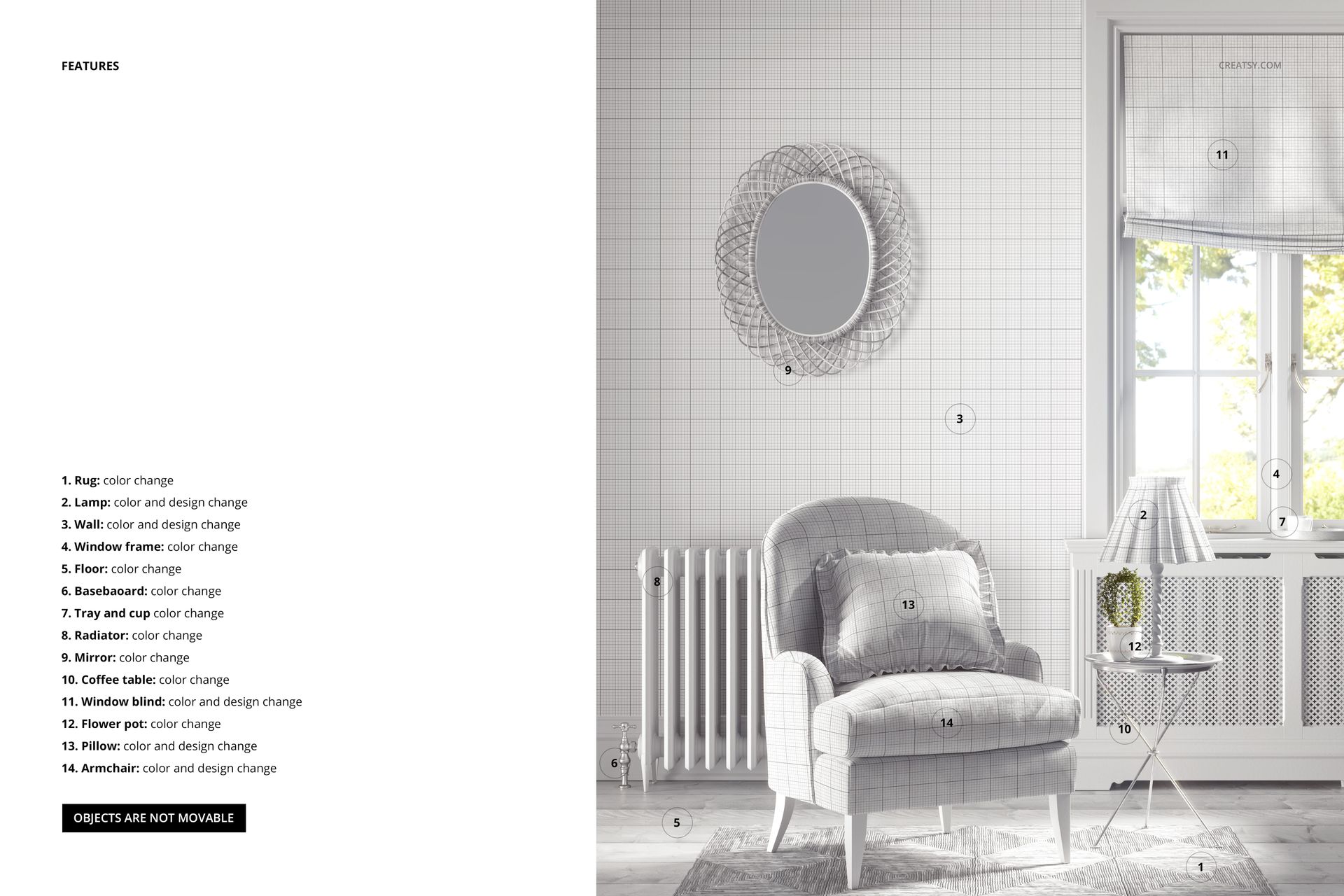 Front view of an upholstered armchair with striped cushion in a cottagecore interior mockup, soft neutral tones.