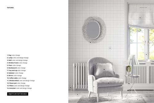 Front view of an upholstered armchair with striped cushion in a cottagecore interior mockup, soft neutral tones.