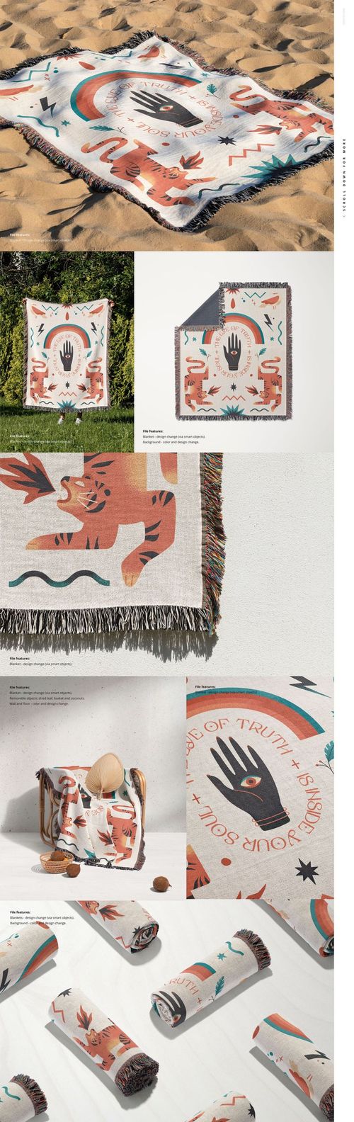 Jacquard fringed woven throw blanket with abstract orange and black pattern shown in various mockup scenes and perspectives.