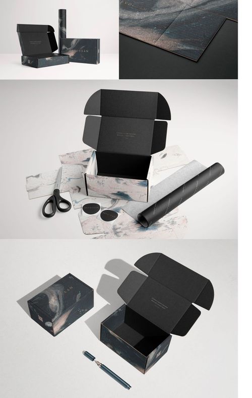 Mailing box mockup with a black interior and abstract marbled exterior, shown open and closed from various angles.