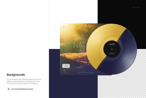 Front view of a split-color vinyl record in yellow and dark blue, placed partially over a nature-themed cover mockup.