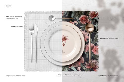 Top view of a fringed placemat and plates mockup split into two styles, with cutlery and a spoon on each side.