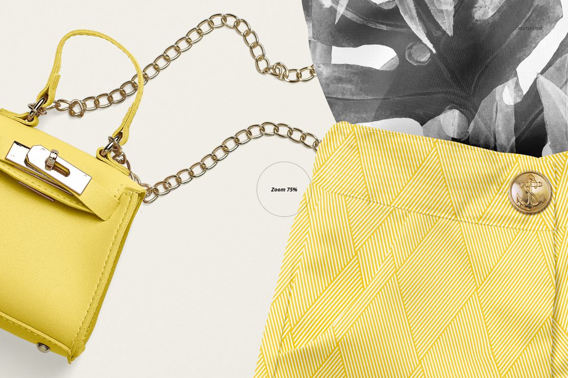 Close-up view of a baby summer set mockup featuring a yellow purse with chain strap and yellow patterned shorts.