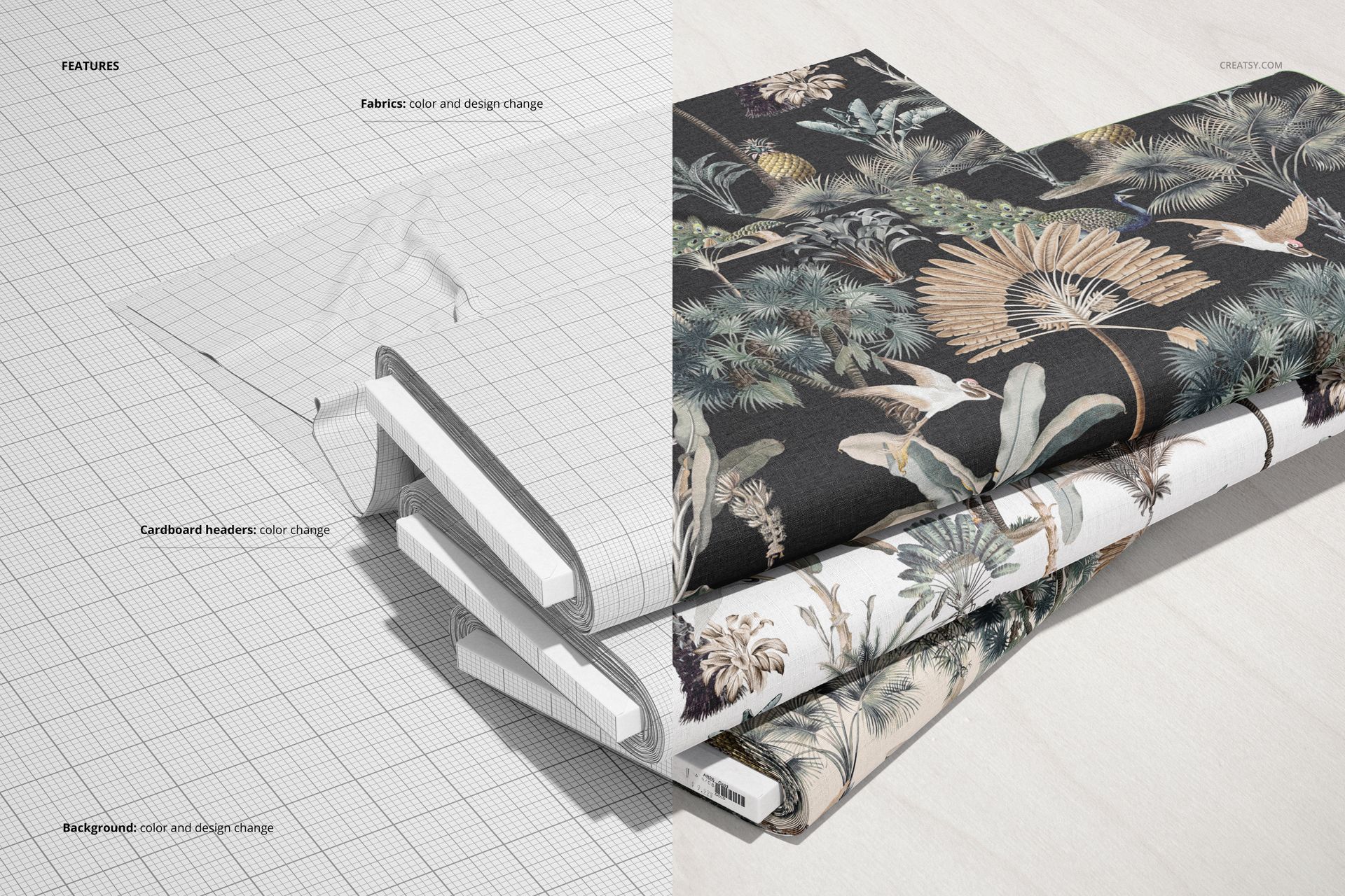 Stacked fabric bolts displayed from a front angle, featuring tropical patterns and a split view of mockup customization.