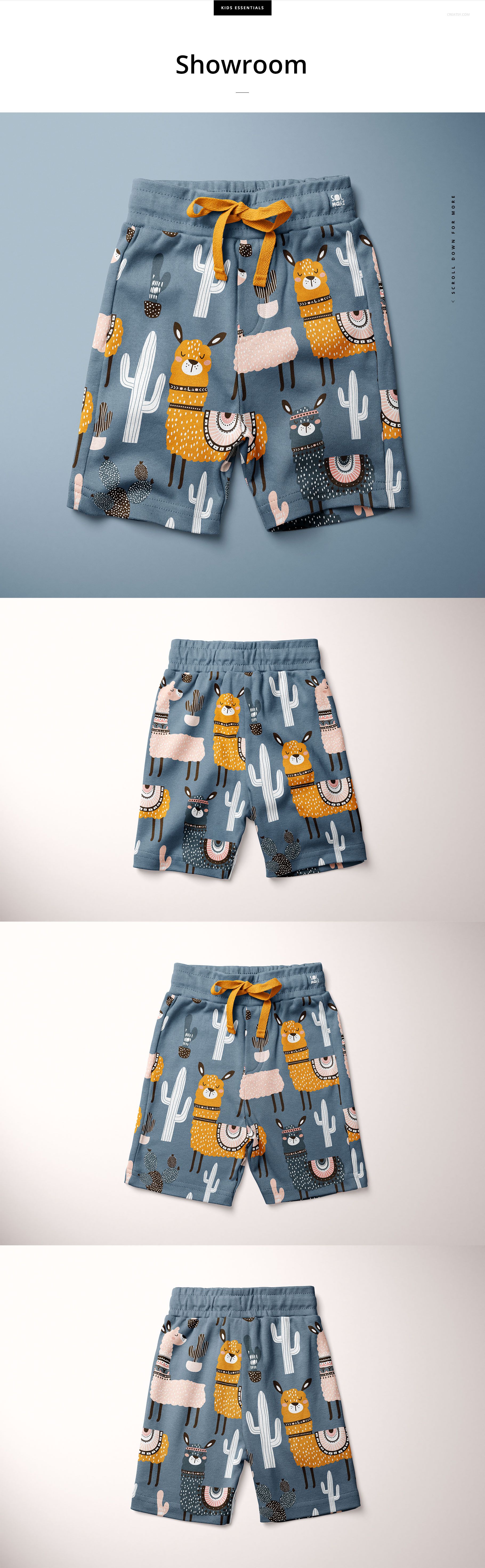 Kids cotton shorts mockup featuring a playful cactus and llama pattern, shown in front view on a blue background.