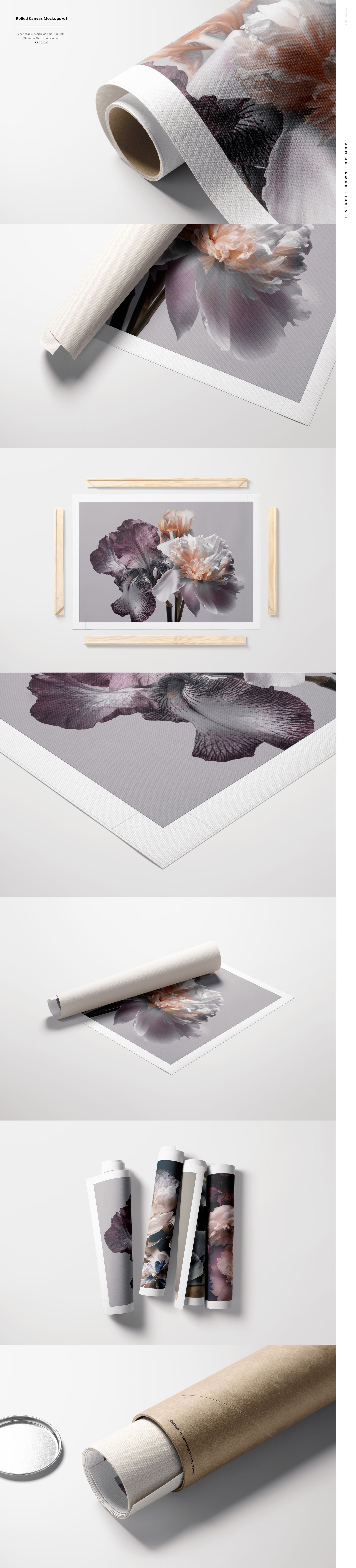 Rolled canvas print mockup featuring a floral design, shown in various views with tubes and wooden sticks.