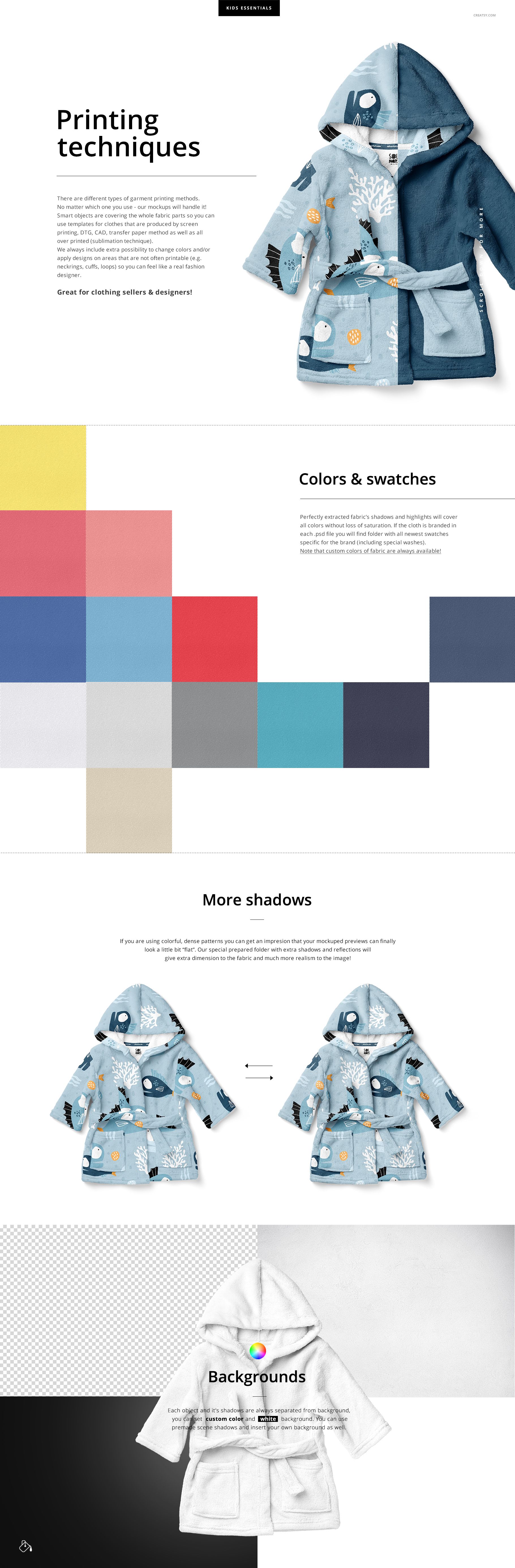 Front view of a baby bath dressing gown mockup with a hood, featuring blue and white panels and playful patterns.