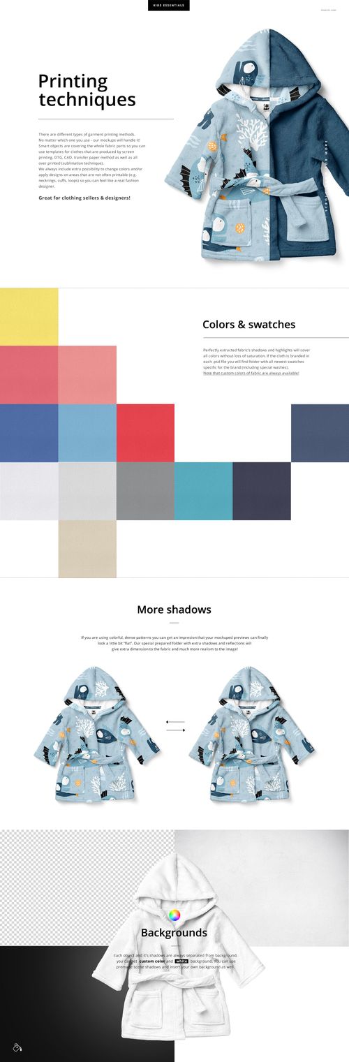 Front view of a baby bath dressing gown mockup with a hood, featuring blue and white panels and playful patterns.