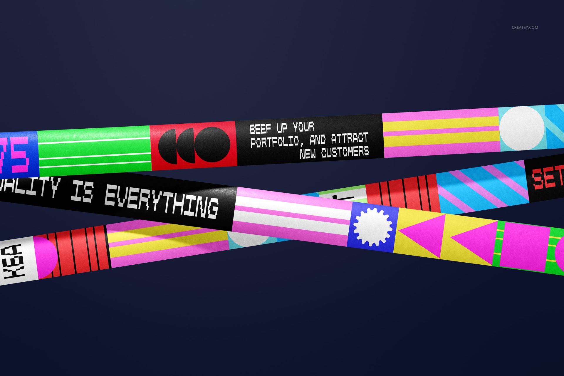 Colorful packaging tape mockup featuring bold geometric patterns and text designs on a dark background, front view.