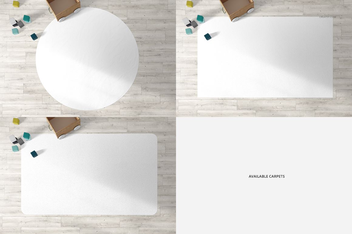 Top view of kids room carpet mockup set with round and rectangular white carpets on light wood flooring.