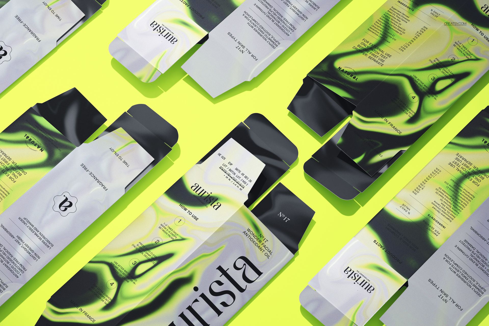 Multiple dropper bottle packaging mockups featuring swirling green and black designs arranged in a flat lay style.