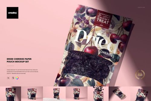 Paper pouch mockup with dried cherries, botanical cherry illustrations, and transparent section displayed on a pastel surface.